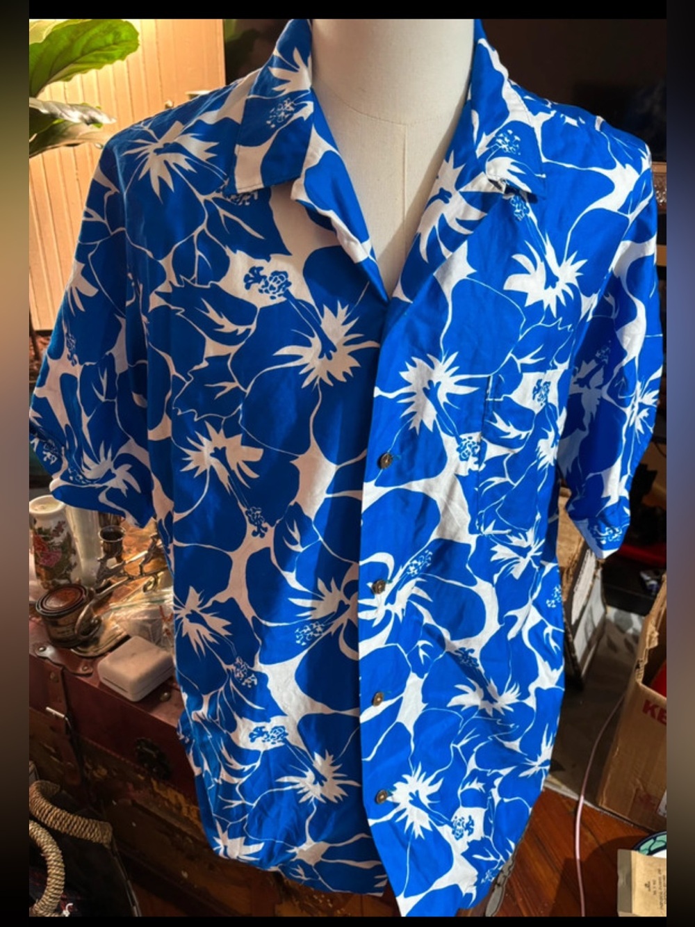 Vintage 90s Kona Kai Hawaiian Casuals by Jantzen Blue Hibiscus Aloha Shirt XL